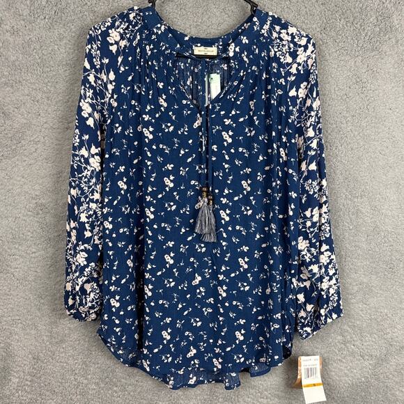 Mason & Belle Stitch Fix Blue Floral Pullover Rayon Blouse Tassels Size S NWT - Picture 3 of 10
